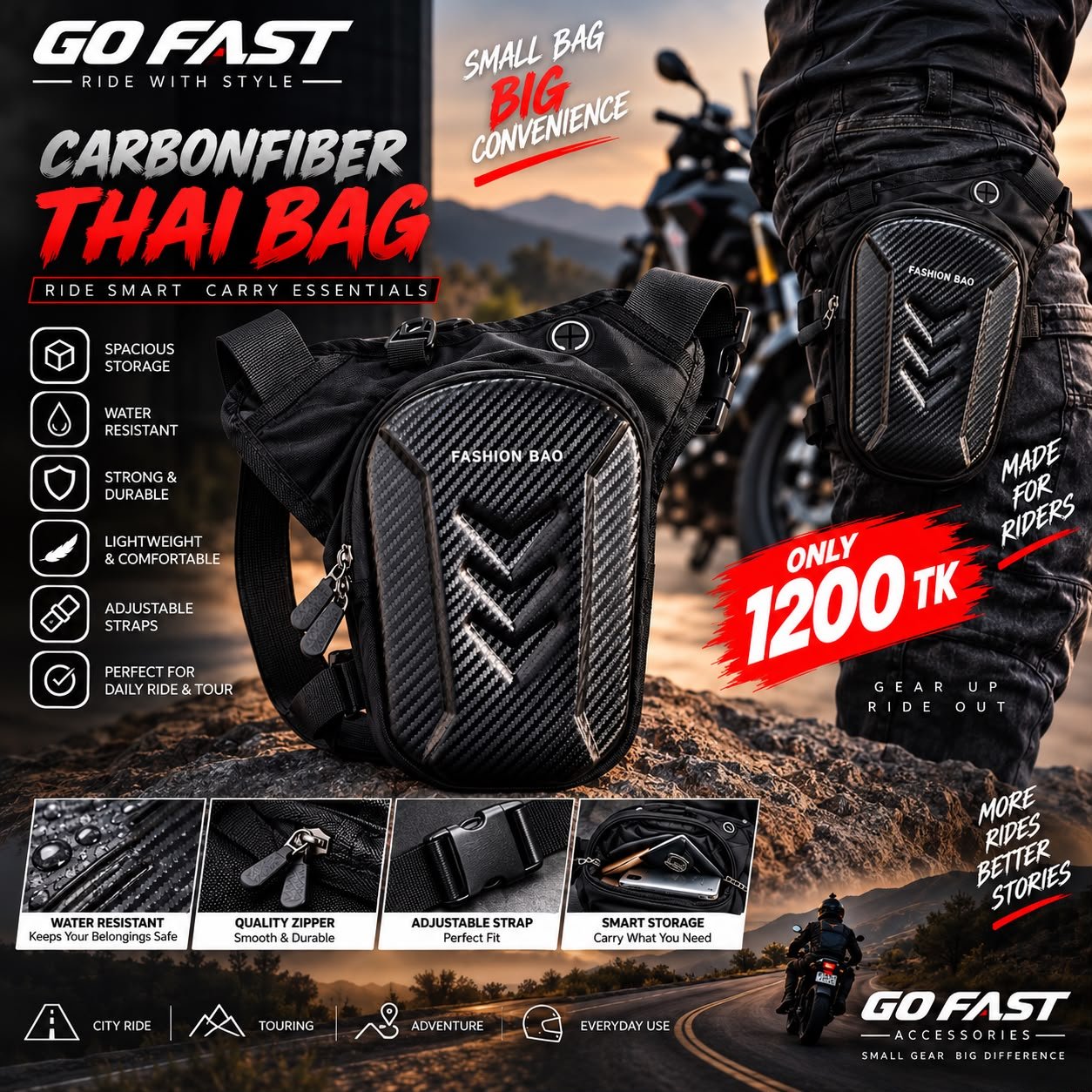 GOFAST Carbon Fiber Thigh Bag Full Black